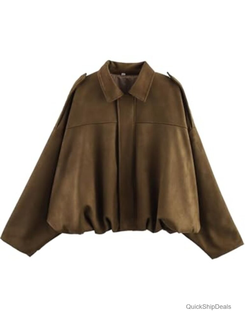 Faux Suede Bomber Jacket Batwing Sleeve Pleated Hem Casual